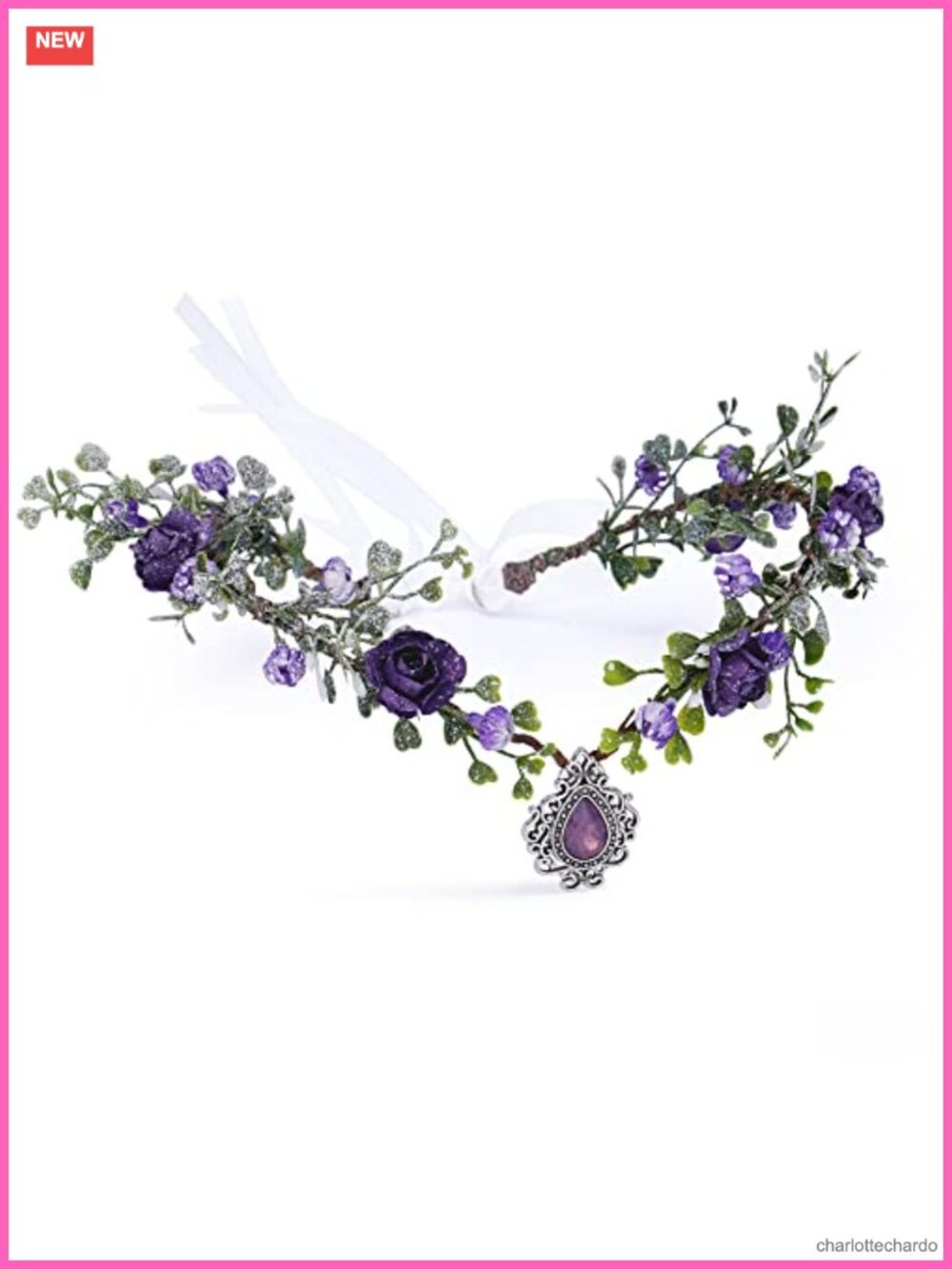 Handcrafted Artificial Flower Elf Crown with Crystal Charms Adjustable Ribbon